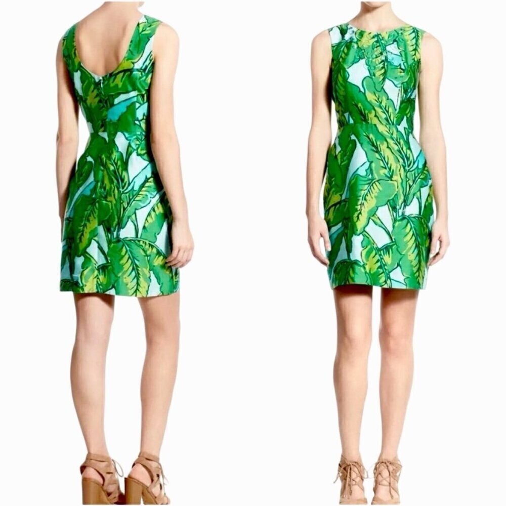 Vineyard Vines tropical palm bejeweled neckline satin jacquard shift dress 8